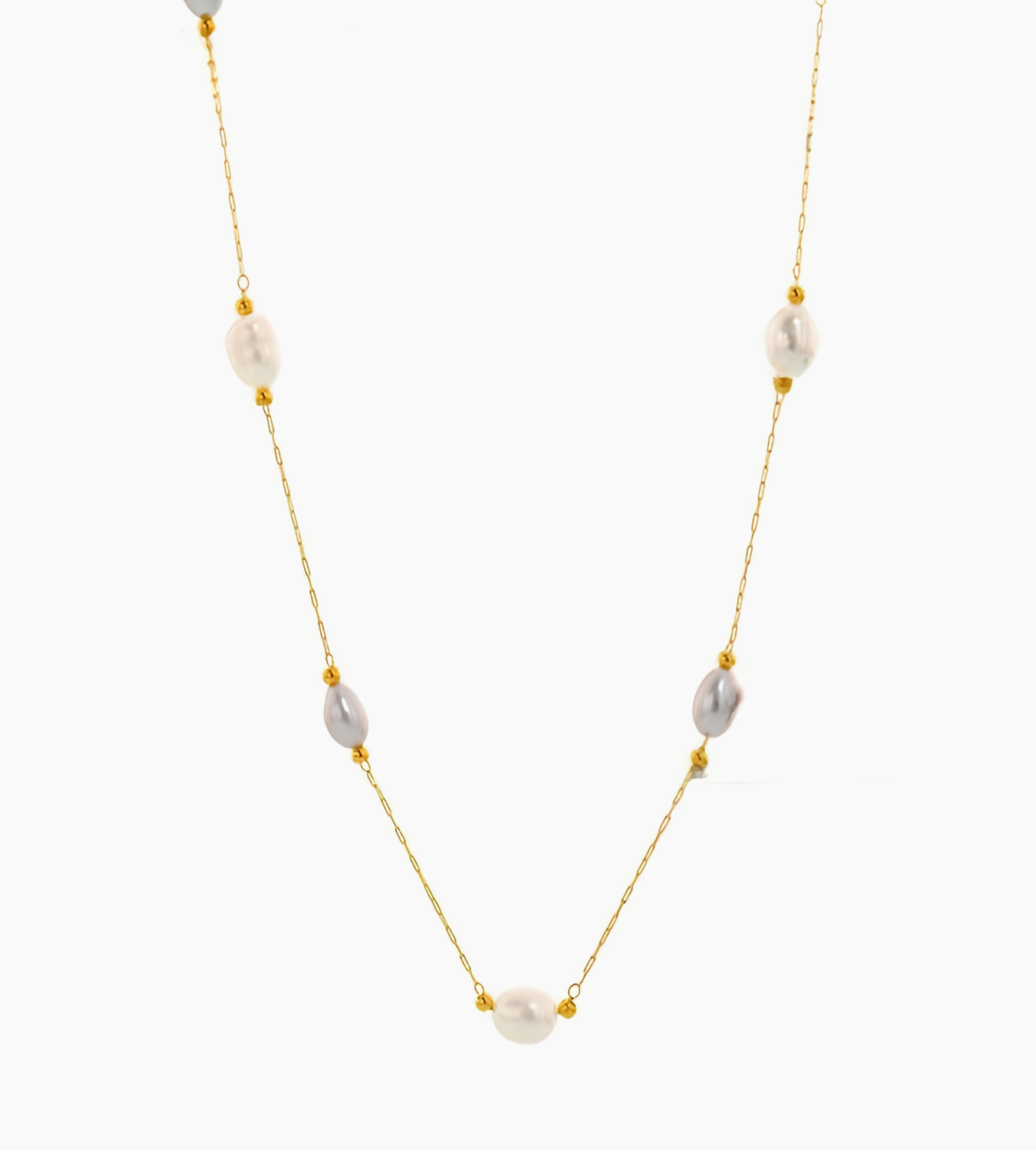 Collier long chaîne dorée et perles blanches & grises